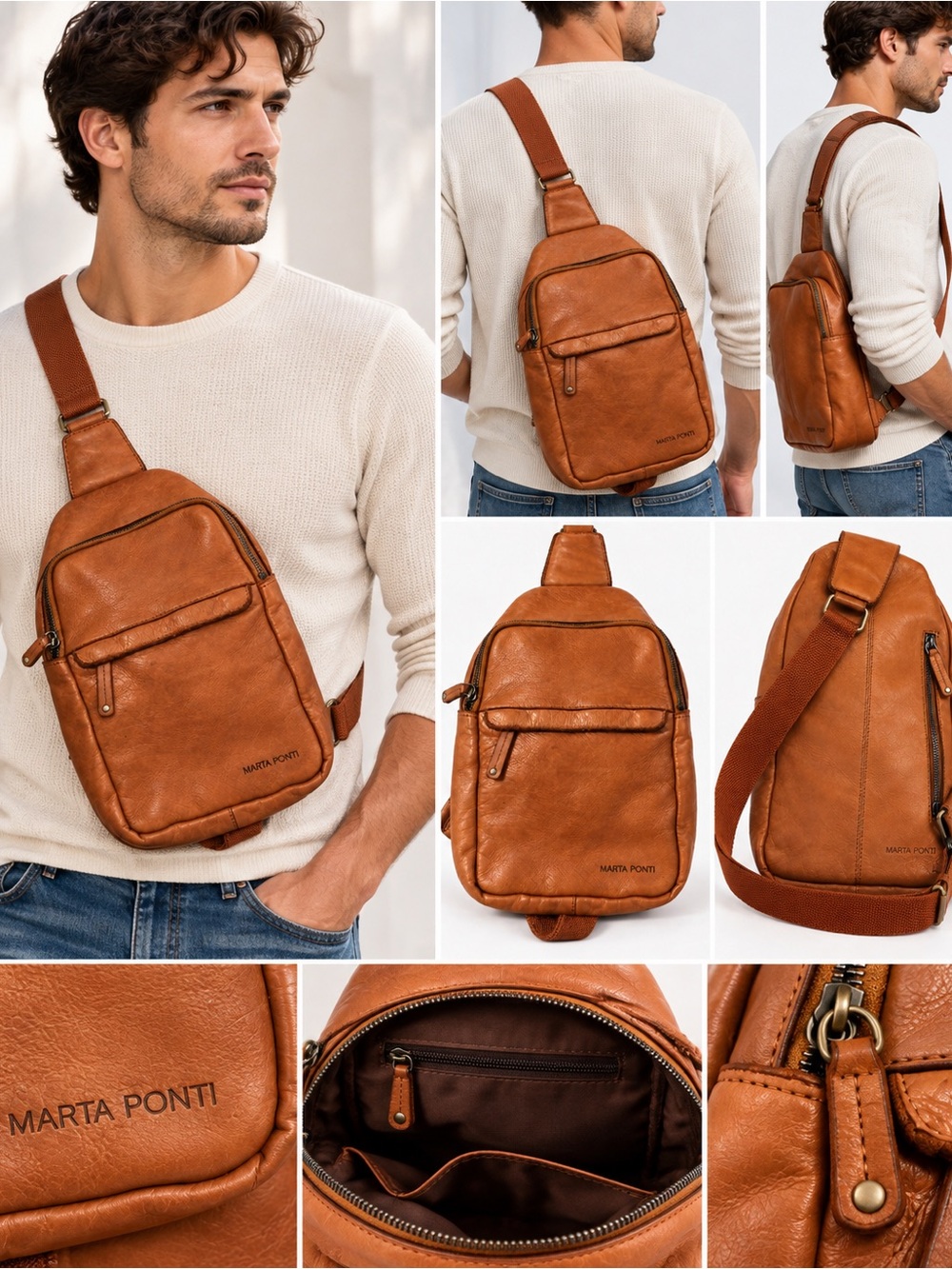Marta Ponti Oslo sling backpack Cognac Brown Leather Washed Finish Zipper